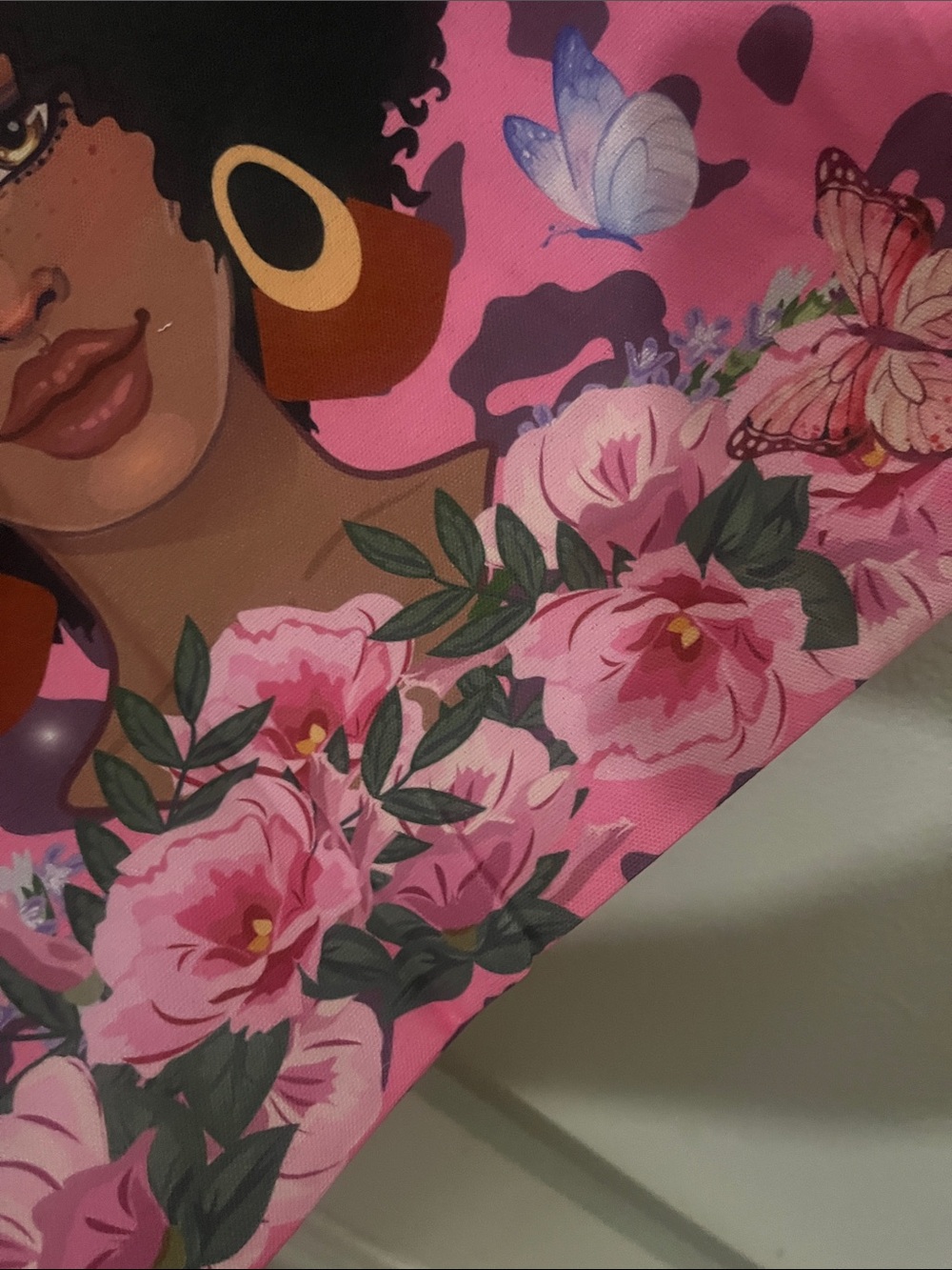 Pink Afro Print Tote Bag with Floral Accents - Picture 4 of 5